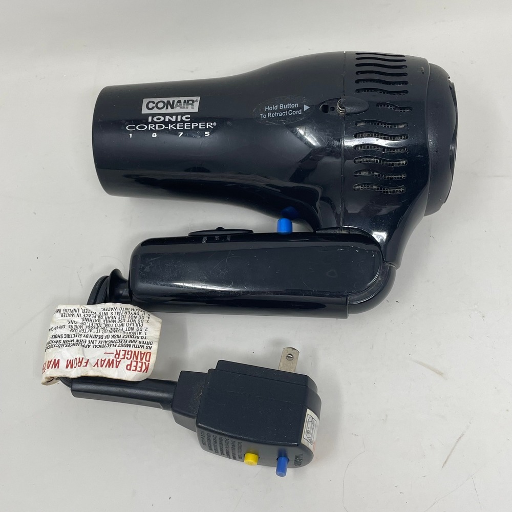 Conair Ionic Cord-Keeper 1875 Hair Dryer Black Folding Handle Retractable Cord